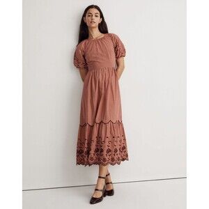 Madewell Embroidered Bubble-Sleeve Midi Dress Womens 6 Plaid Floral Boho Cottage